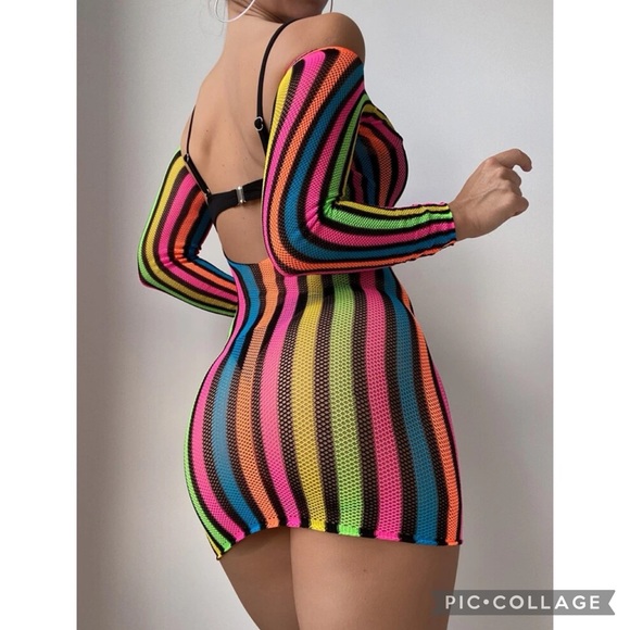 Y2K Beach Festival Striped Colorful Hollow Out Mesh Cover Up - Picture 3 of 6